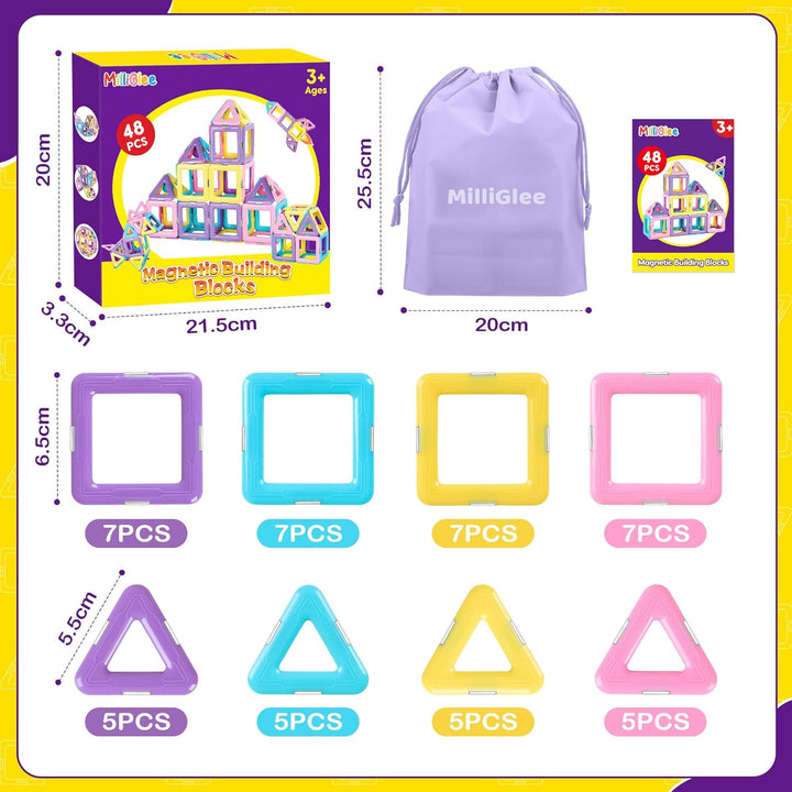 MilliGlee Magnetische Bausteine - 48 Teile Magnetbausteine Magnete Kinder mit Aufbewahrungstasche Ma