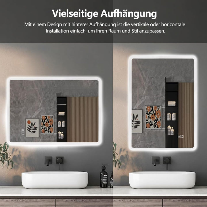 LED Badezimmerspiegel 80x60 cm, dimmbar, beschlagfrei, IP44 3 Lichtfarbe + Dimmbar 80L x 60B cm, 3 L
