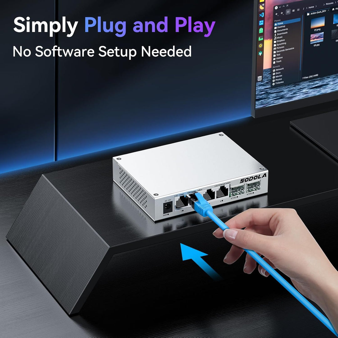 SODOLA 2.5 Gbit Switch– 4X 2,5G Base-T Ports + 2X 10G SFP+, Aluminiumkühlung & Magnetfüsse, Lüfterlo
