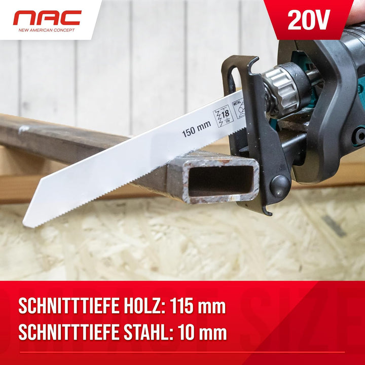 NAC Akku Säbelsäge 20V Li-Lon Akku 2.0Ah mit Ladegerät und 2x Reciprosägeblätter 20mm Nur Gerät, Nur