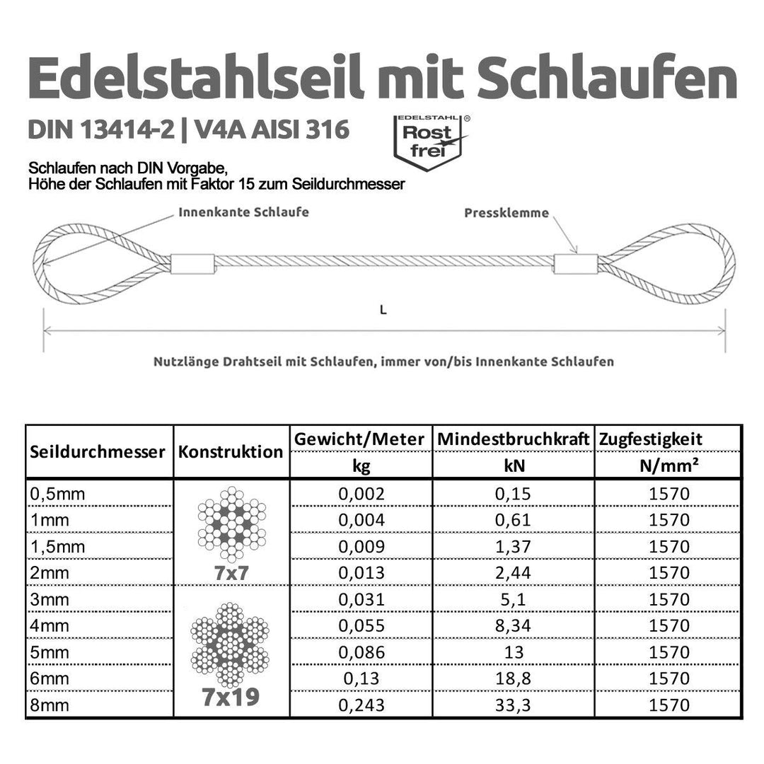 Drahtseile24 Edelstahlseil mit Ösen, Edelstahl Drahtseil mit Schlaufen | V4A AISI 316 | Ø6mm / 400kg