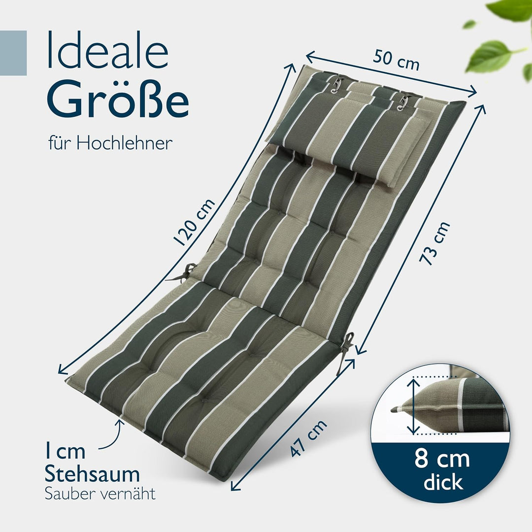 Beautissu 8er Set Premium Hochlehner Auflage mit Kopfpolster Stoff | 120x50cm 8cm dick Grün gestreif