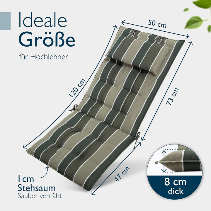 Beautissu 8er Set Premium Hochlehner Auflage mit Kopfpolster Stoff | 120x50cm 8cm dick Grün gestreif