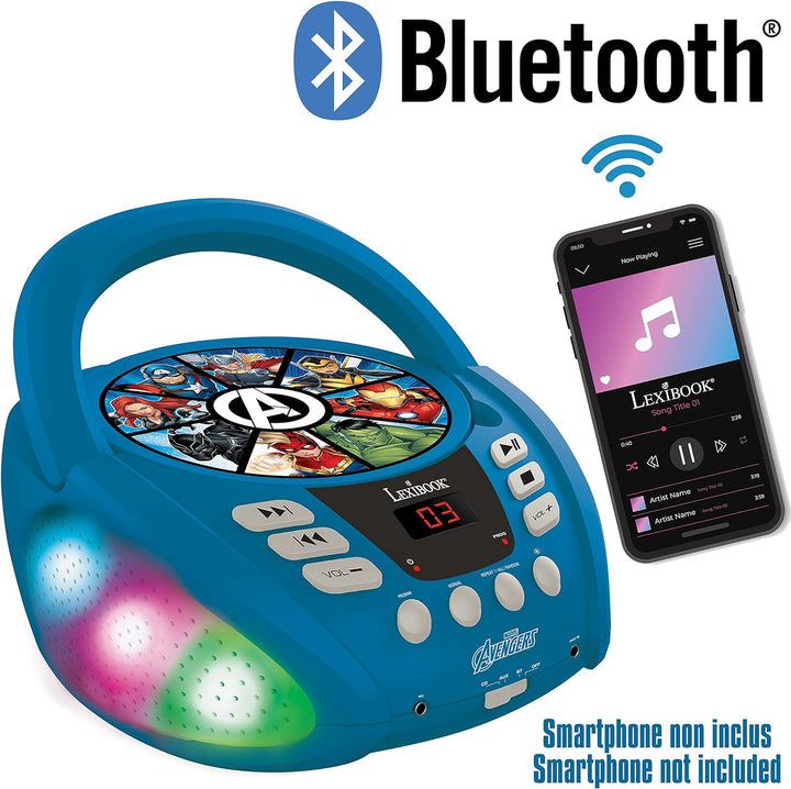 Lexibook RCD109AV Marvel Avengers-Bluetooth-CD-Player für Kinder-Tragbar, Lichteffekte, Mikrofonbuch