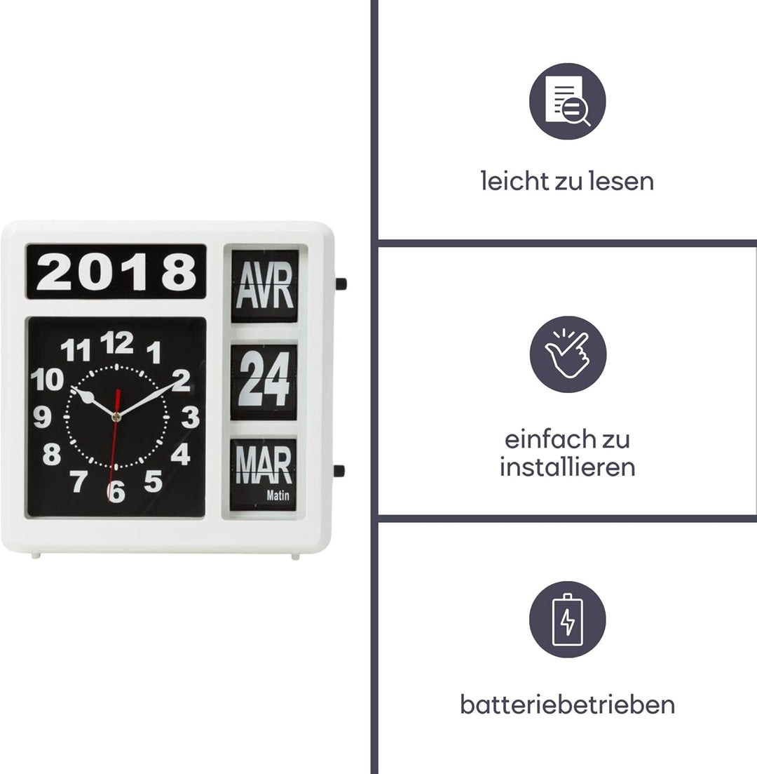 Perel Wanduhr mit Klappkalender, rechteckig, analog, 31 x 31 cm, Französisches Modell 31 x 31 cm Wei