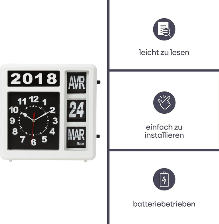 Perel Wanduhr mit Klappkalender, rechteckig, analog, 31 x 31 cm, Französisches Modell 31 x 31 cm Wei