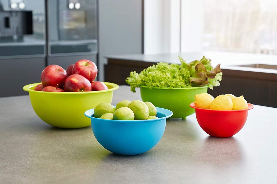 Rotho Caruba Set mit 3 Schalen und 1 Sieb, Kunststoff (PP) BPA-frei, mehrfarbig, (30.0 x 30.0 x 13.0