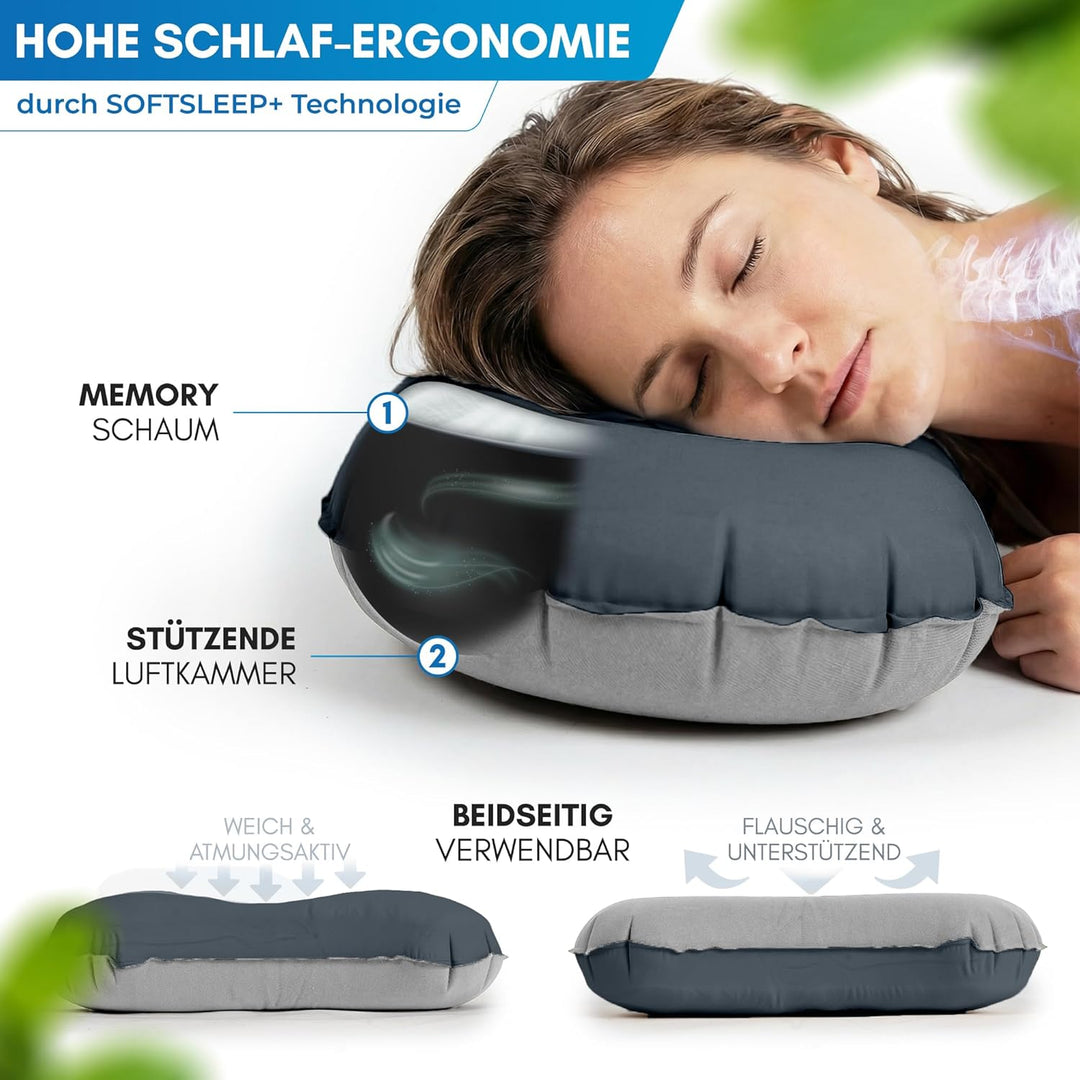 NORDMUT® Campingkissen aufblasbar [SoftSleep+] Komfortables Kissen Ultraleicht mit kleinem Packmass