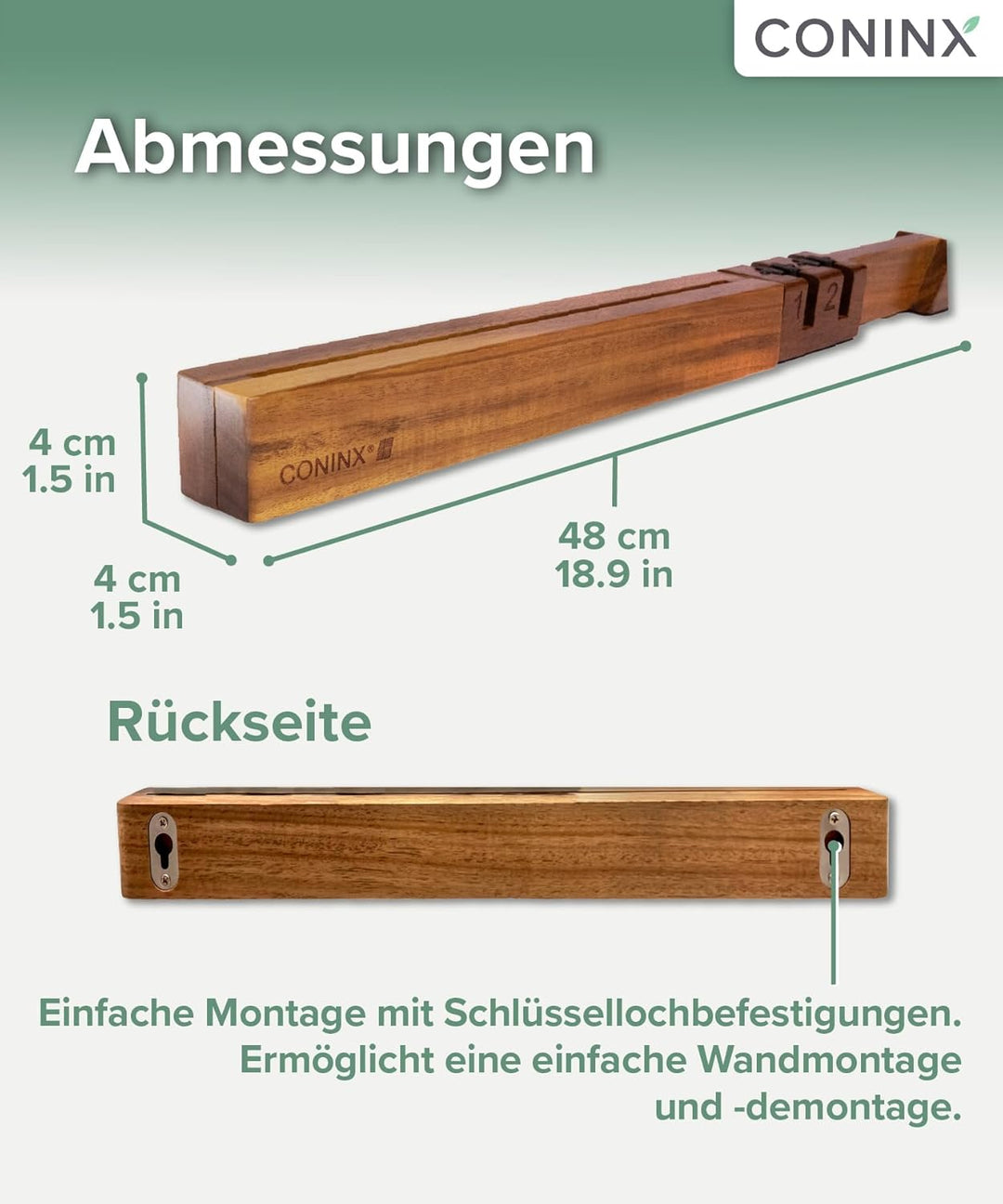 Coninx Wand-Magnetleiste 48 cm aus Akazienholz – Messerleiste mit Doppelreihe & abnehmbarem Doppelsc