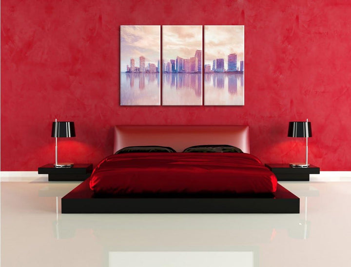 Pixxprint Miami Florida Skyline als Leinwandbild/Grösse: 3 Teilig (120x80 cm) cm/Wandbild/Kunstdruck