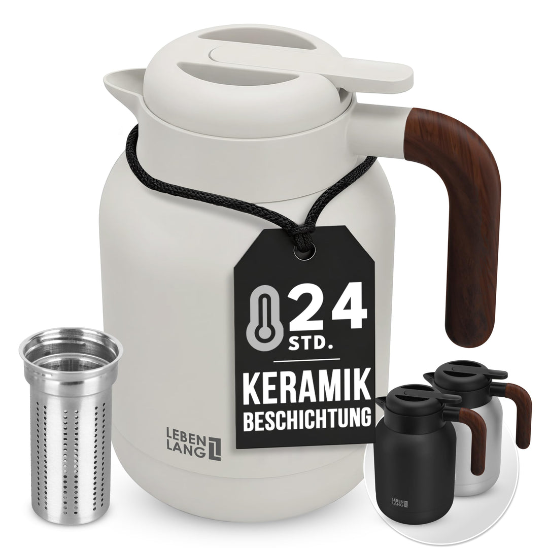 LEBENLANG Thermoskanne 1,5L Keramikbeschichtung - Inkl. Teesieb I 24h Heiss I Kaffeekanne Kaffee & T