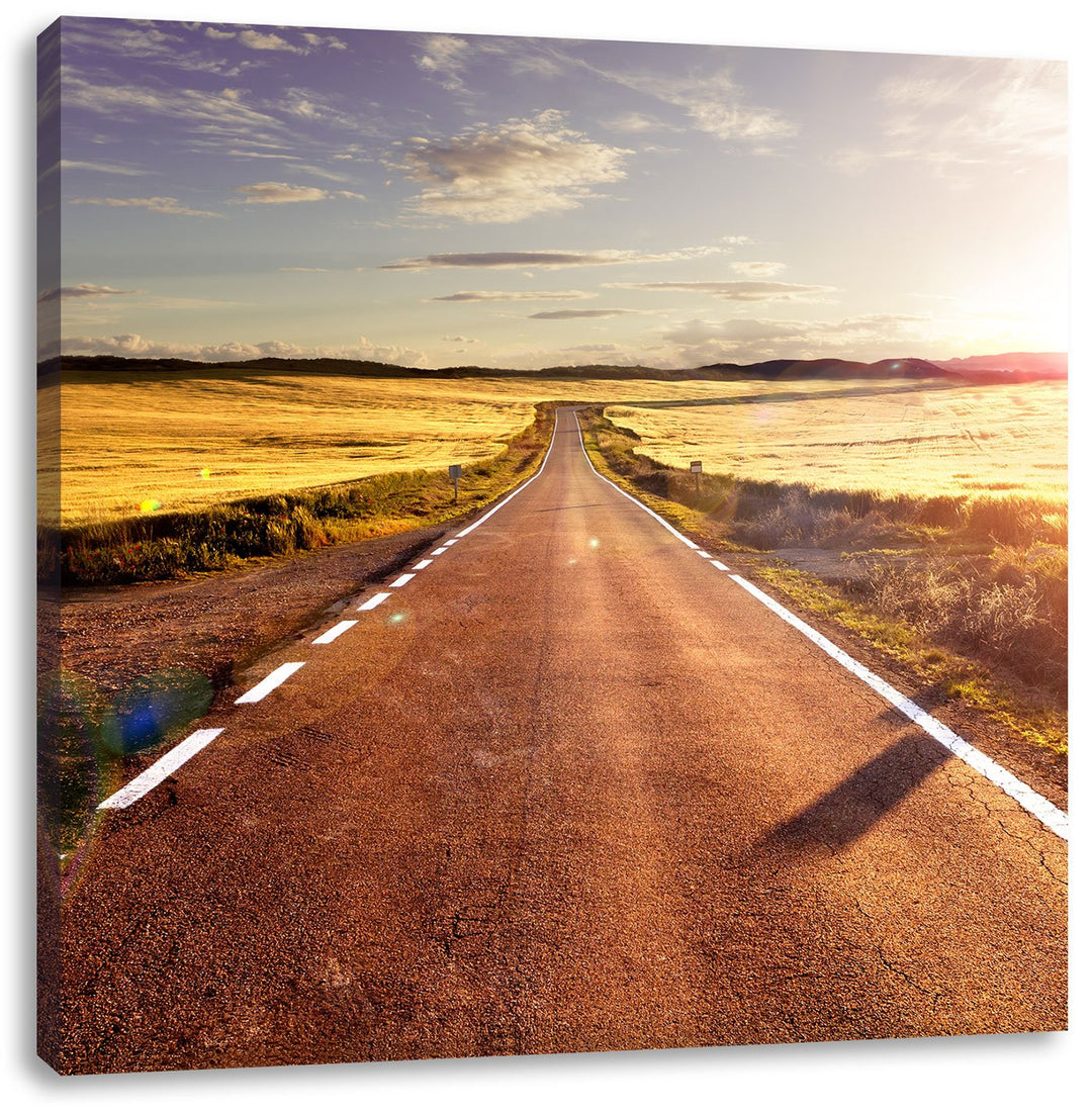Feldweg im Sonnenschein, Format: 70x70 auf Leinwand, XXL riesige Bilder fertig gerahmt mit Keilrahme