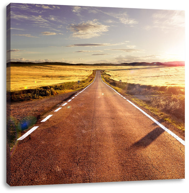 Feldweg im Sonnenschein, Format: 70x70 auf Leinwand, XXL riesige Bilder fertig gerahmt mit Keilrahme