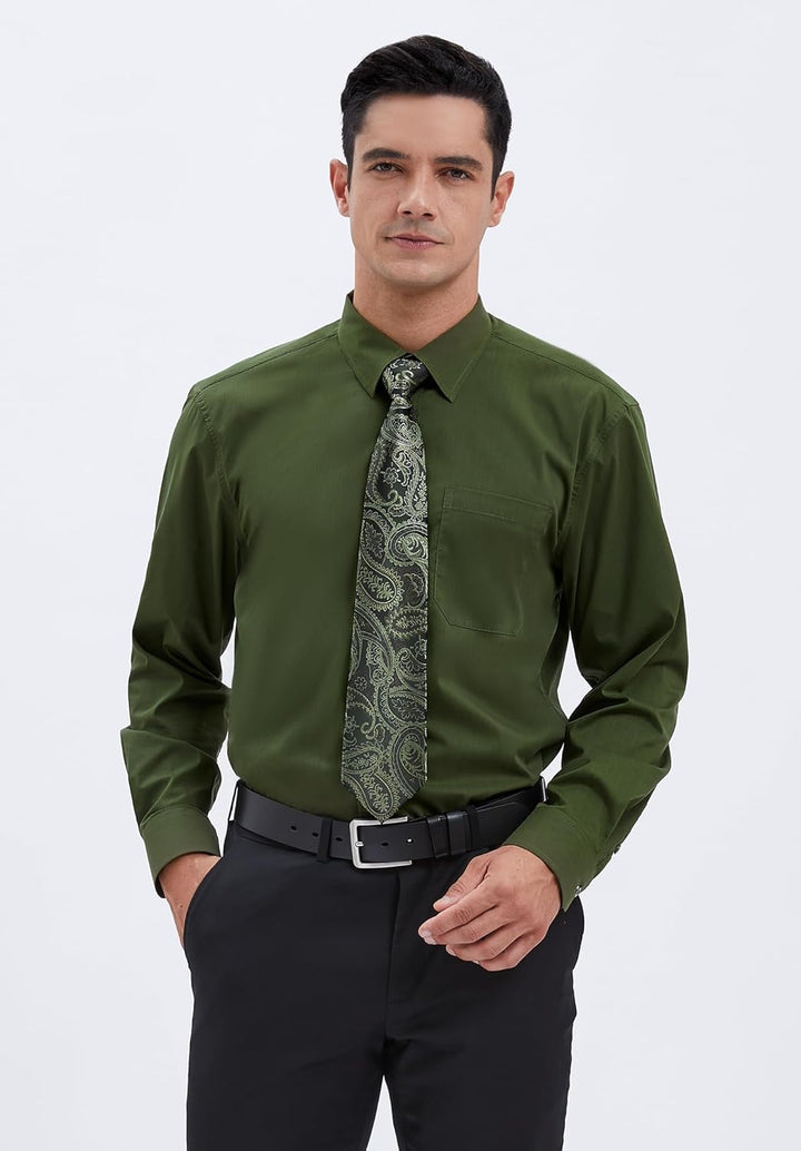 HISDERN Herren Hemd Langarm Einfarbige Hemden mit Krawatte und Taschentuch Formelle Businesshemd Hoc