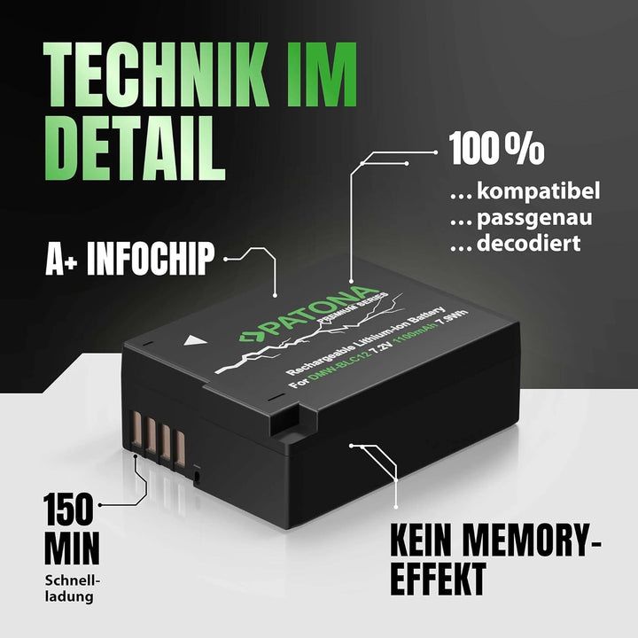 PATONA Premium (2X) Ersatz für Akku Panasonic DMW BLC12 E (echte 1100mAh) DMW BLC-12 Premium x2, DMW