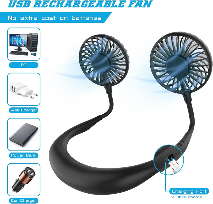 Halsventilator,Nackenventilator USB Ventilator Hals,Neck Fan,Leise,3 Geschwindigkeiten,LED-Licht,Tra