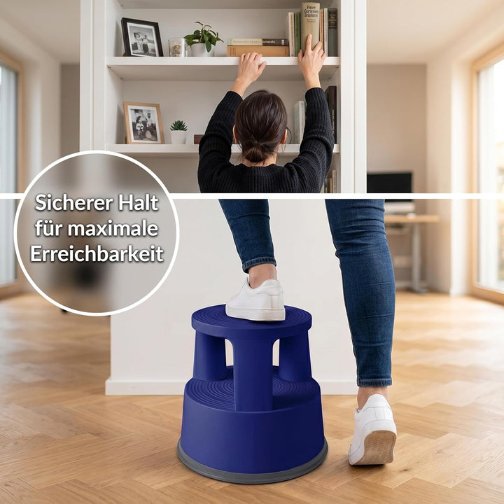 Office Marshal Rollhocker Kunststoff Elefantenfuss blau, Rutschfester Tritthocker mit Rollen, mobile