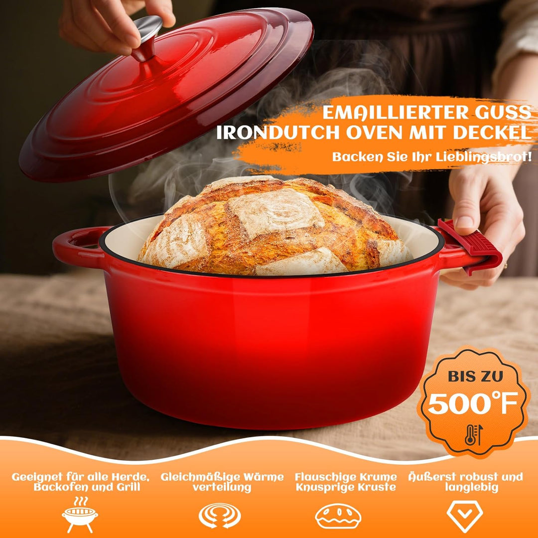 NZQXJXZ Gusseisen Topf Brot Backen, 26cm Emaille Schmortopf mit Deckel Brotbackform mit Banneton Bro
