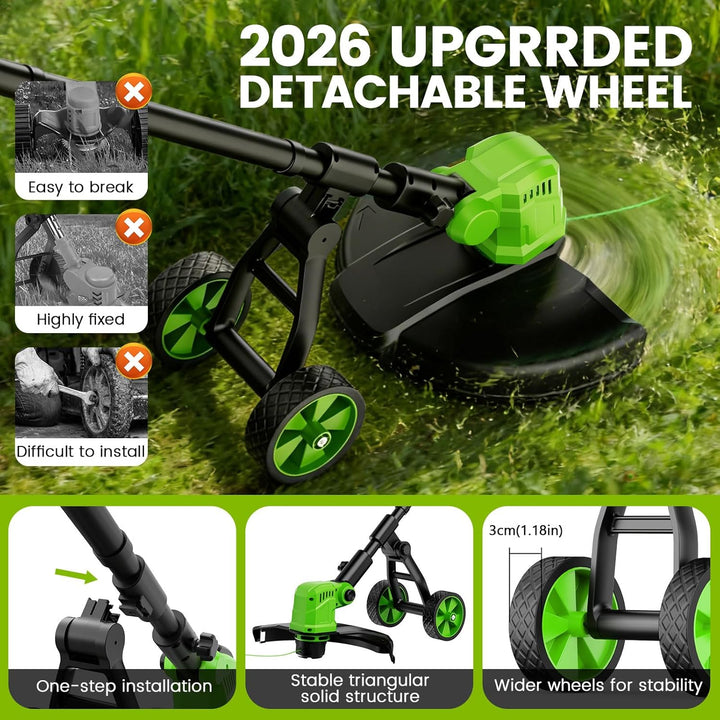 14 Zoll Rasentrimmer mit Akku und Rad,21V Akku-Rasentrimmer mit 2 * 3000 mAh Batterie und Ladegerät,