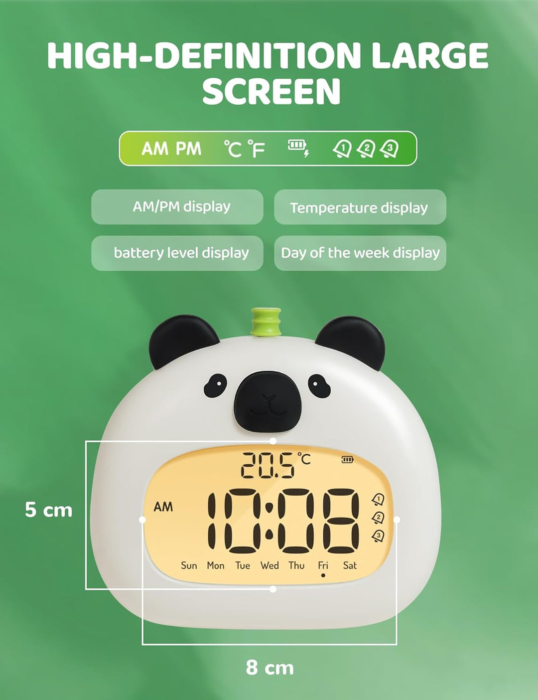 IHALO Cute Kinderwecker, Nachttischwecker mit Panda Nachtlicht, digitales LED-Display, 3,15 Zoll, DR