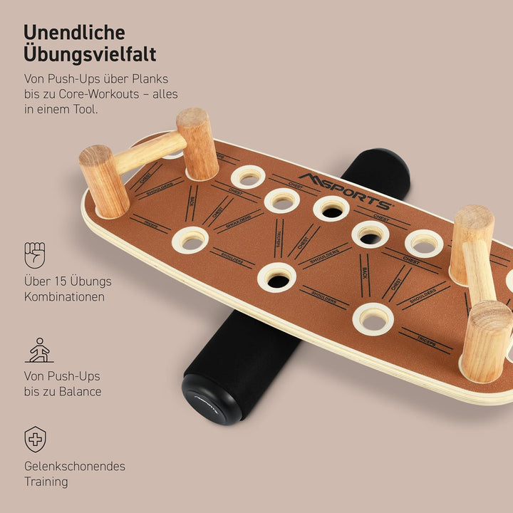 MSPORTS Push-Up Board Holz Premium mit Rolle – Multifunktionales Liegestützbrett für Core, Balance &