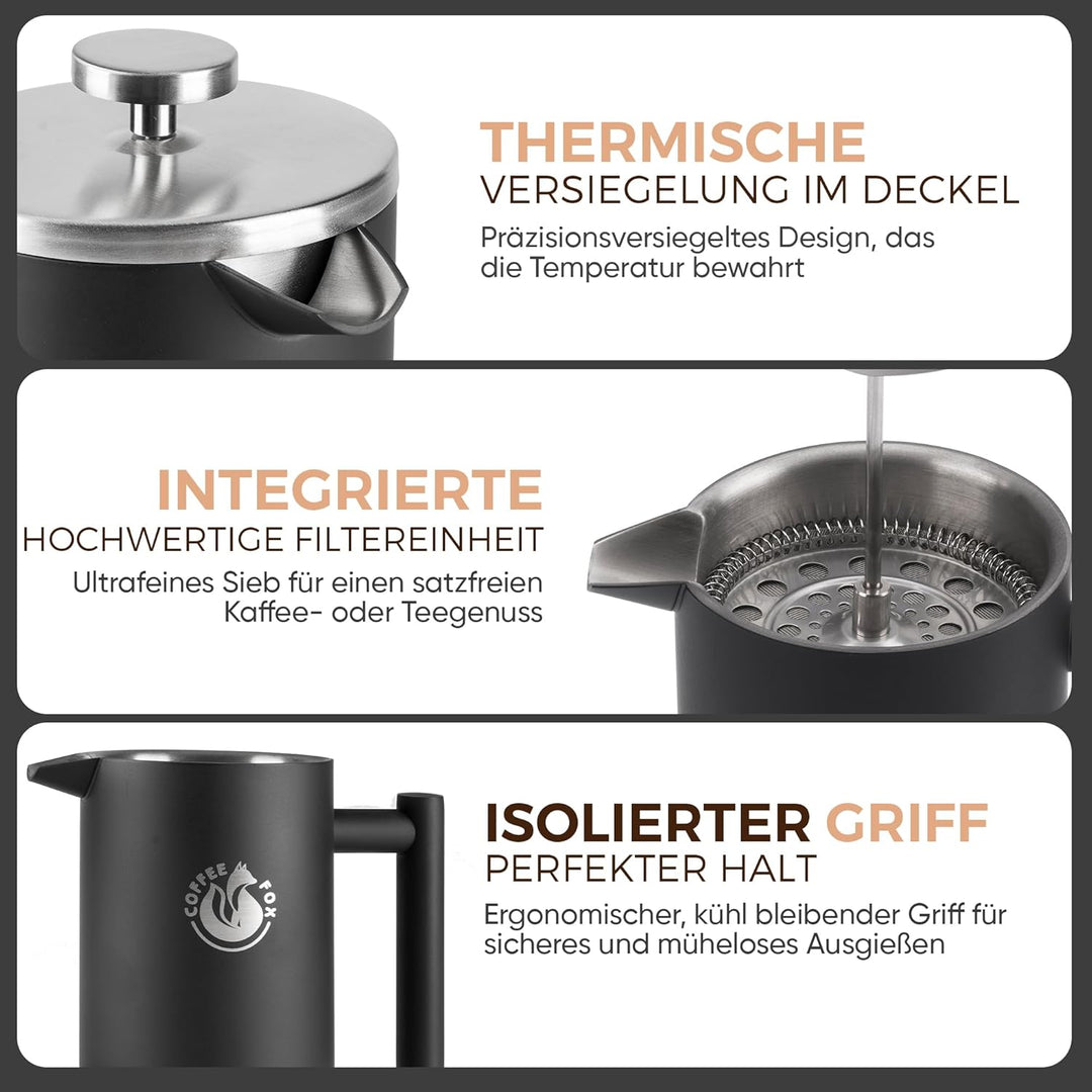 French Press Kaffeekanne aus doppelwandigem Edelstahl Schwarze Pressfilterkanne Französische Kaffeep