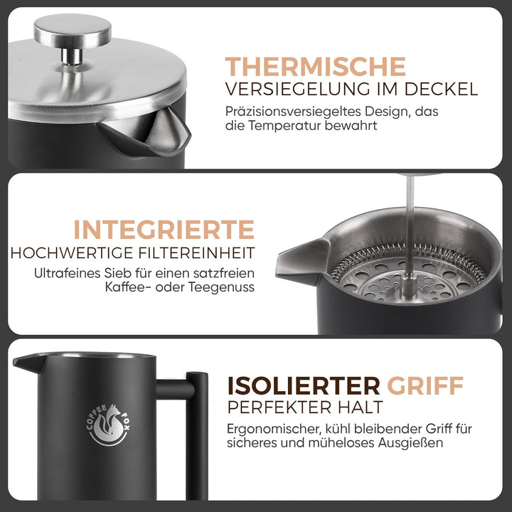French Press Kaffeekanne aus doppelwandigem Edelstahl Schwarze Pressfilterkanne Französische Kaffeep
