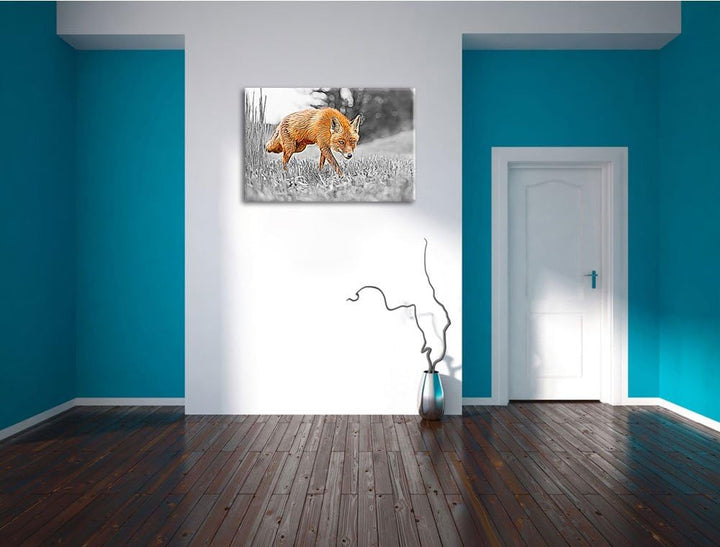 Fuchs im Wald Natur, USA Bild auf Leinwand, XXL riesige Bilder fertig gerahmt mit Keilrahmen. Kunstd