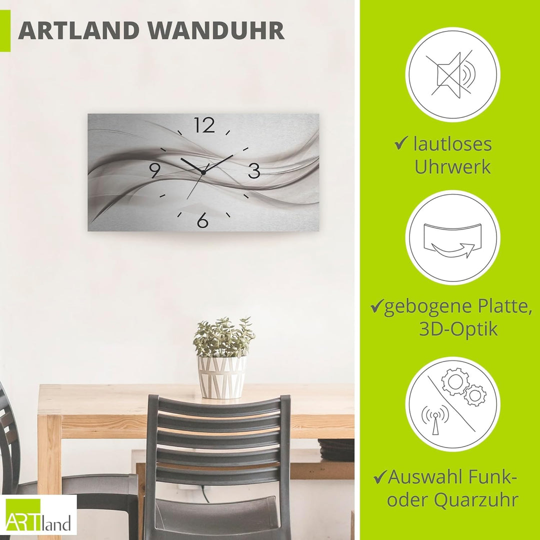 ARTLAND Wanddeko Wanduhr ohne Tickgeräusche Alu Funkuhr 60x30 cm Eckig Lautlos 3D Design Kunst Welle