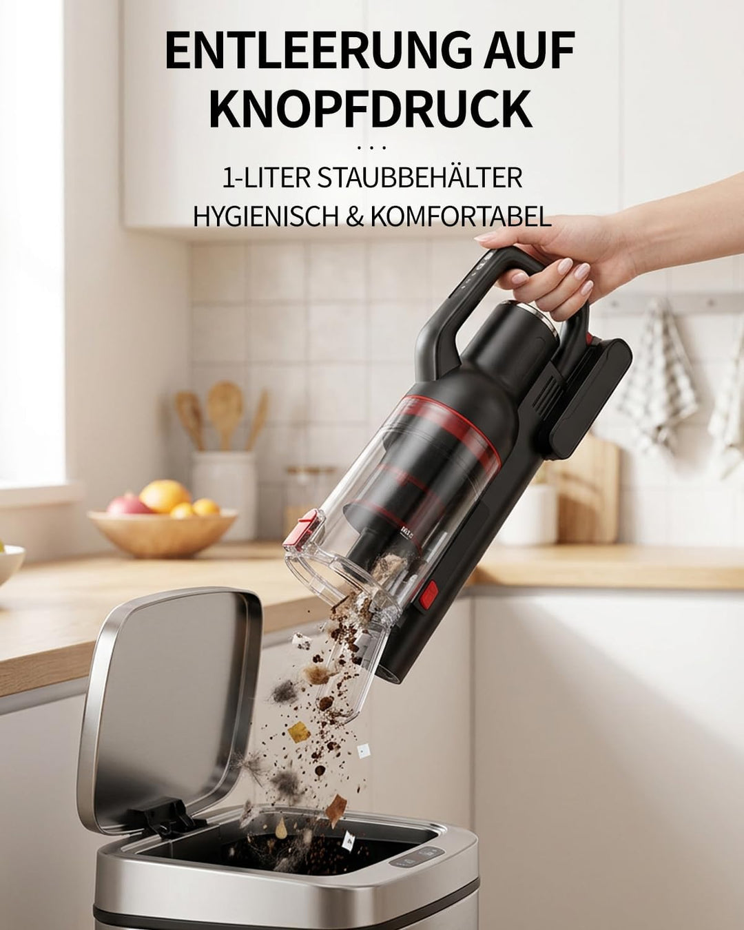 Akku Staubsauger Kabellos – 40KPa/500W/50 Min, 1L kabelloser Staubsauger mit V-förmiger Anti-Tangle-