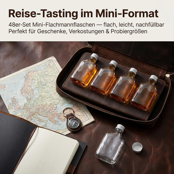 gouveo 48er Set Mini Glasflaschen 40 ml (0,04 l) Flachmann mit Schraubverschluss silberfarben – Klei