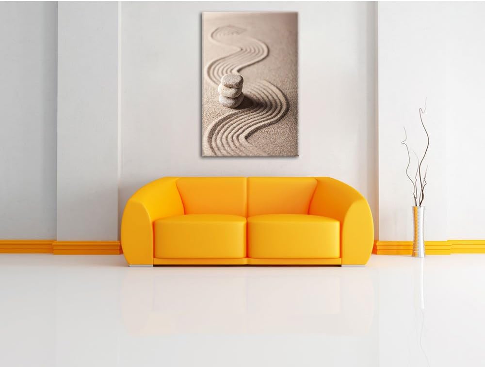 Pixxprint Wellenmuster im Sand mit Steinen, Format: 100x70 auf Leinwand, 100x70