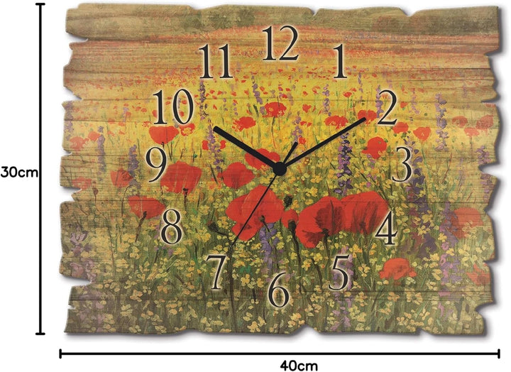 ARTLAND Wanduhr ohne Tickgeräusche aus Holz Quarz Uhr lautlos 40x30 cm Rechteckig Blumenwiese Blumen