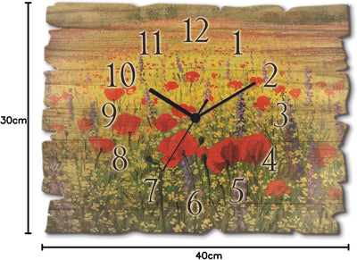 ARTLAND Wanduhr ohne Tickgeräusche aus Holz Funk Uhr lautlos 40x30 cm Rechteckig Blumenwiese Blumen