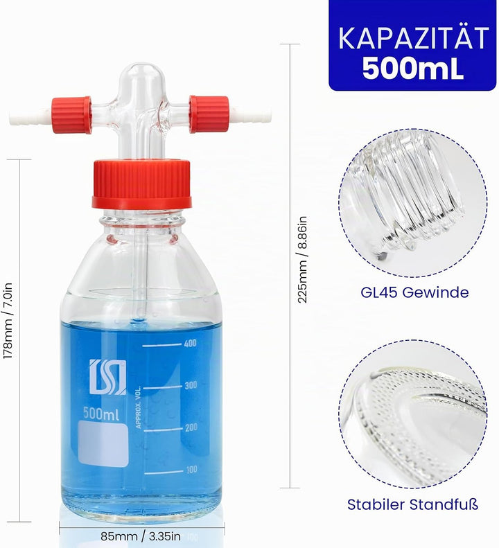 ALWSCI Gaswaschflasche Gas Washing Bottle, 500mL graduierte Laborpufferflasche, Borosilikatglas-Labo