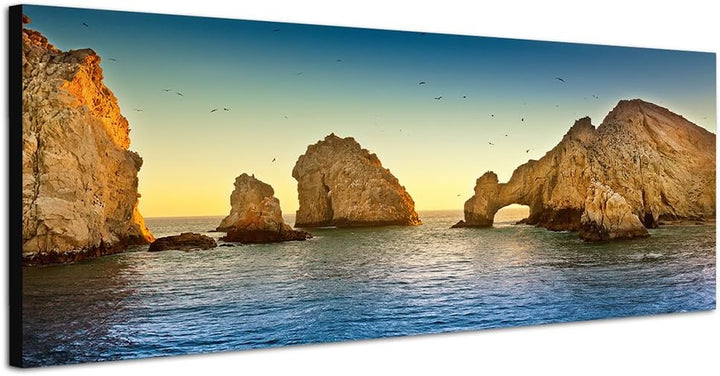 Paul Sinus Art Panoramabild auf Leinwand und Keilrahmen 150x50cm Mexiko Meer Felsformation Abendlich