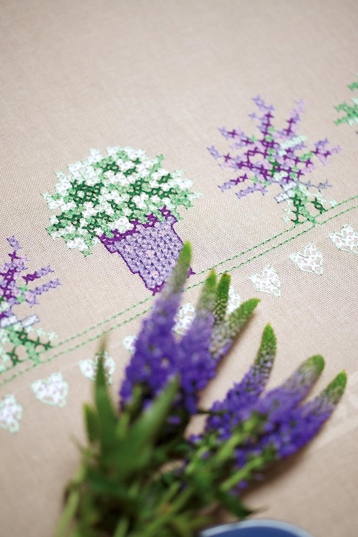 Vervaco Tischdecke Lavendel, Stickbild vorgezeichnet Bedruckte Decke mit Webrand, Baumwolle, Mehrfar