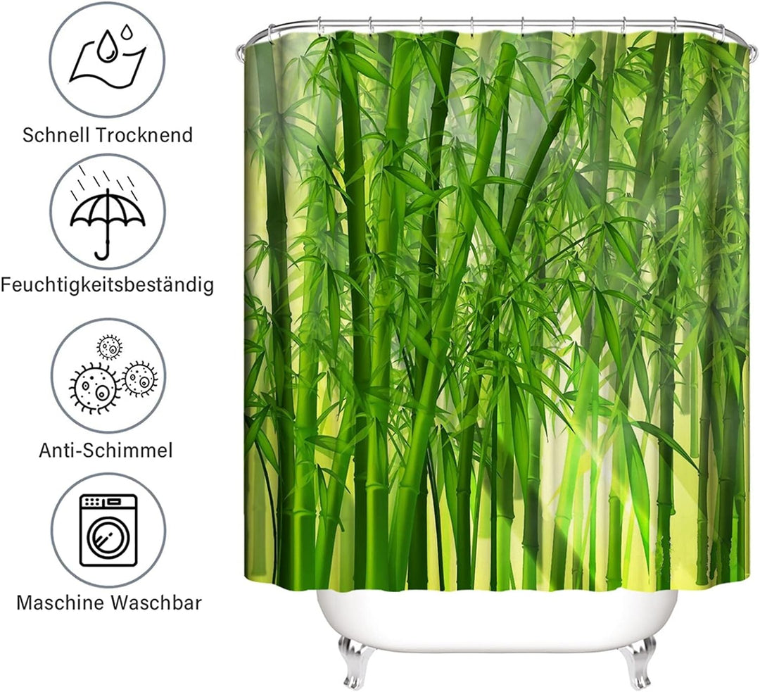 Lieson Anti Schimmel Duschvorhang Polyester 180x180 cm, Grüner Duschvorhang Bambus Motiv Waschbarer