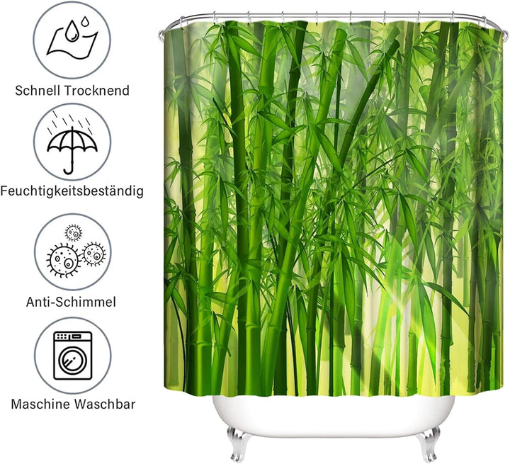 Lieson Anti Schimmel Duschvorhang Polyester 180x180 cm, Grüner Duschvorhang Bambus Motiv Waschbarer