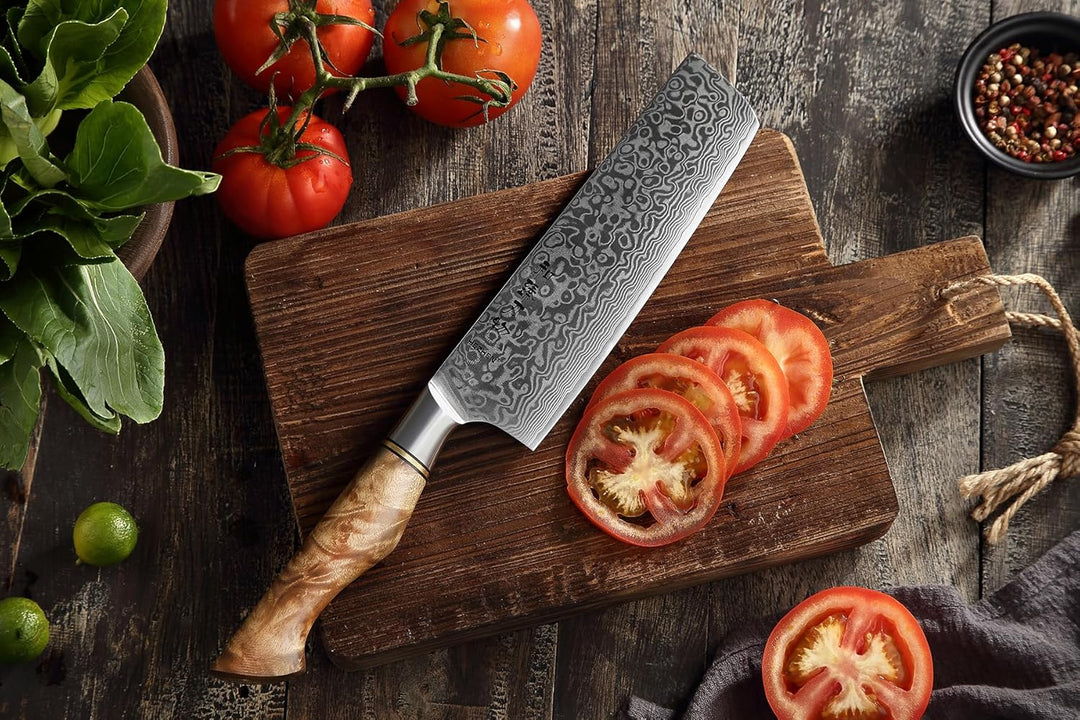 HEZHEN 18CM Japanischer Stil Damast Nakirimesser, Küchenmesser 67 Schicht Damaskus Stahl Kochmesser,