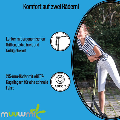 muuwmi Aluminium Scooter Pro – Tretroller, 215 mm, ABEC 7, für Kinder und Erwachsene, GS-geprüft, hö