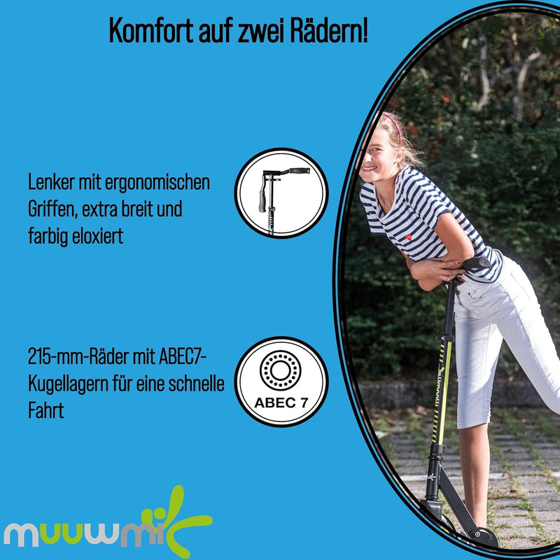 muuwmi Aluminium Scooter Pro – Tretroller, 215 mm, ABEC 7, für Kinder und Erwachsene, GS-geprüft, hö