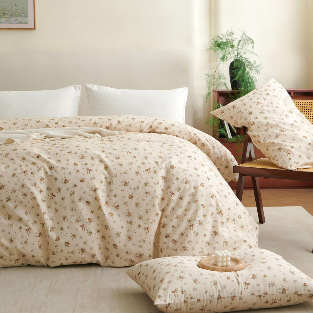 Tospass Baumwolle Bettwäsche Set 135x200cm Beige Khaki Grün Blumen Floral Schleife Mädchen Wendebett
