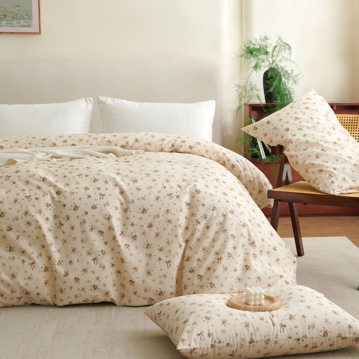 Tospass Baumwolle Bettwäsche Set 135x200cm Beige Khaki Grün Blumen Floral Schleife Mädchen Wendebett