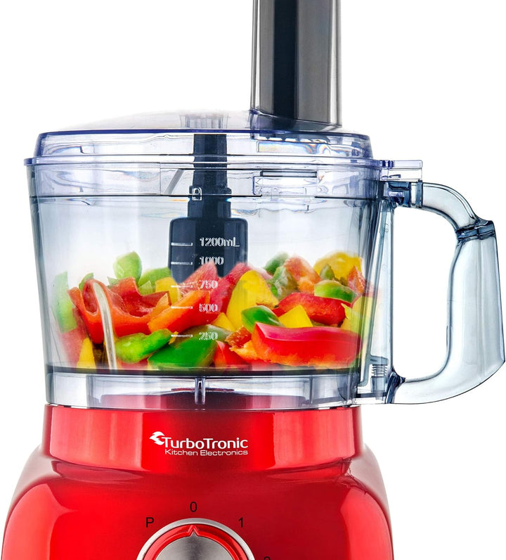 TurboTronic Food Processor 1,2L schwarz, rot, Küchenmaschine mit Mixaufsatz, Raspelscheiben,