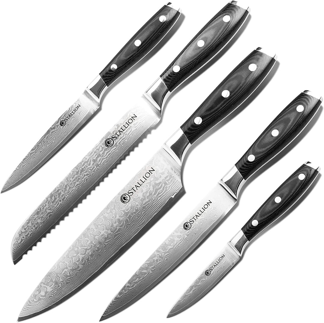 Stallion Damastmesser Wave Messerset - Messer aus Damaststahl mit Messerblock - mit MEISTERSCHLIFF M