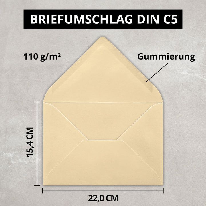 Briefumschläge in Karamell- 100 Stück - DIN C5 Kuverts 22,0 x 15,4 cm - Nassklebung ohne Fenster - W