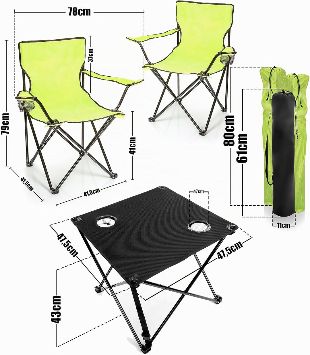 BigDean 2 Stück Campingstuhl mit Campingtisch faltbar – Faltstuhl in Neon Grün mit Getränkehalter &amp;