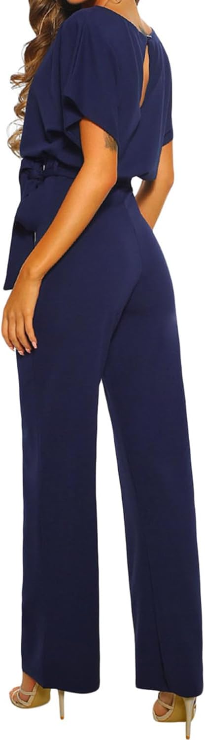 Damen Lang Jumpsuit Overall Hosenanzug Elegant Romper Kurzarm Rundhals Playsuit mit Gürtel Hosenanzu
