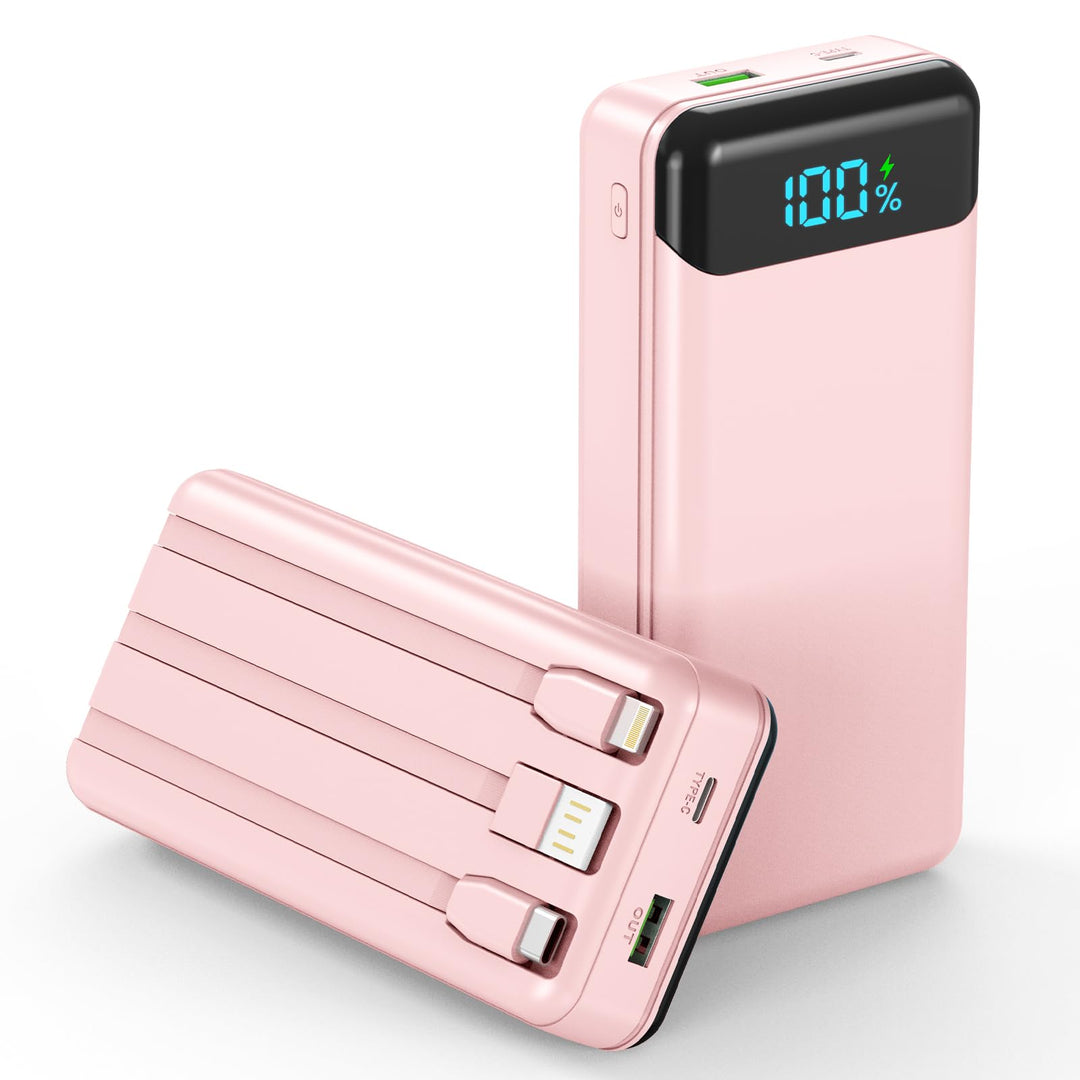 Enerwow Power Bank 27000mAh 22.5W Schnellladen mit Integriertem USB-C Kabel | Externer Akkupack 4 Au
